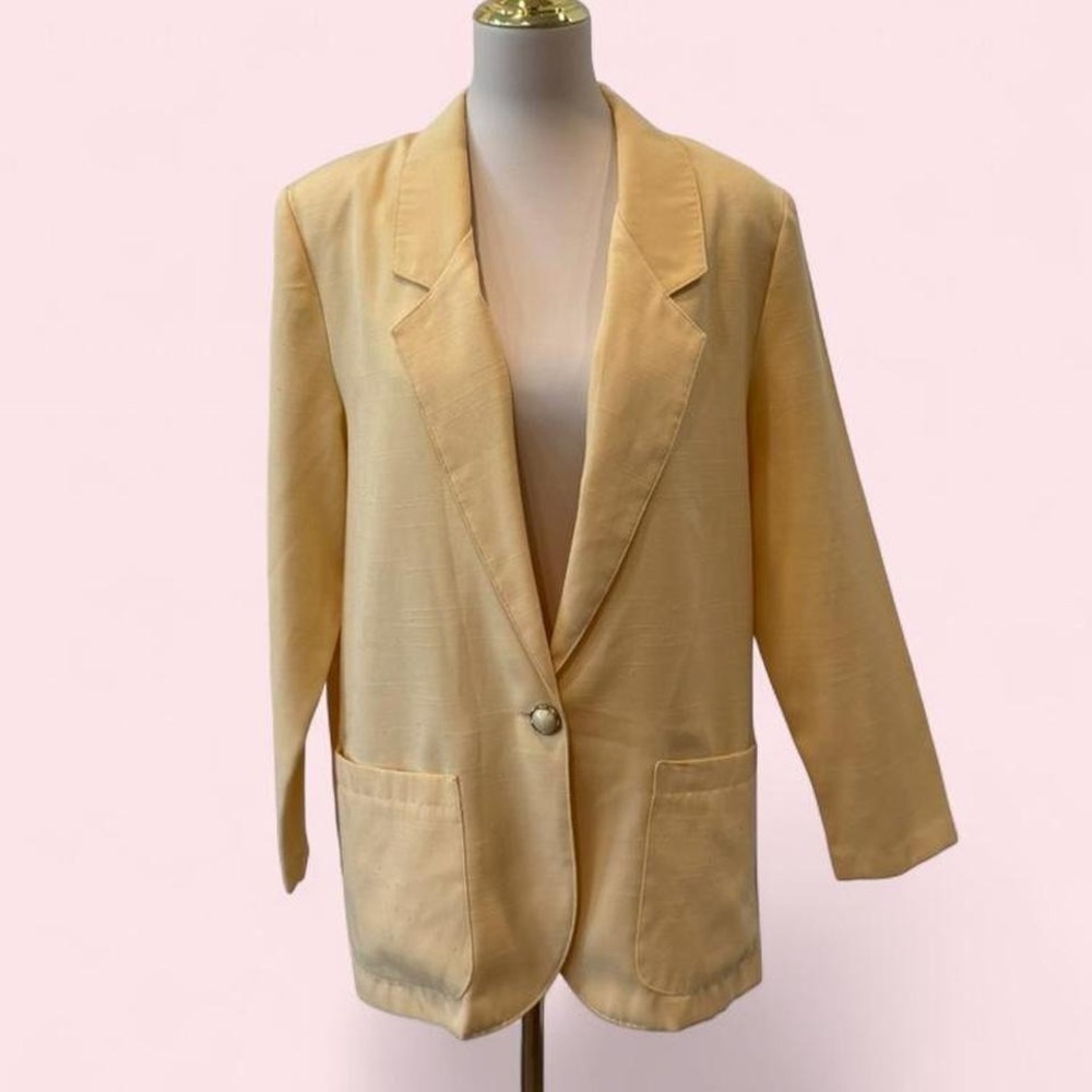 Vintage Butter Yellow Single Pearl Button Blazer Patch Pockets Size XL
